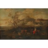 Follower of Nicolaes Pietersz. Berchem Mountainous landscape with a couple resting with their cattle