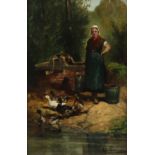 Cornelis van Leemputten (Belgian 1841-1902) Woman and ducks by a well Signed Oil on panel 28.7 x