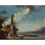 Follower of Claude-Joseph Vernet Capriccio view of an estuary, with figures by the entrance of a