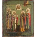 Stroganov School Icon of four saints below the Mandylion Inscribed in Cyrillic Tempera on panel 30.1