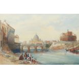 English School c.1840 Figures fishing on the Tiber, Castel' Sant'Angelo and St. Peters' beyond; A