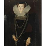 Follower of William Segar Portrait of a lady, aged 47, in a black dress with gold chains Inscribed