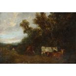 Attributed to Edward John Cobbett RBA (1815-1899) Landscape with cattle and a drover by a pond