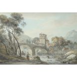 Paul Sandby RA (1725-1809) A hilly landscape with a bridge and figures Watercolour and ink 35.7 x
