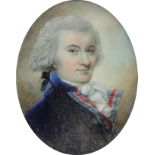 λEnglish School c.1810 Portrait of a gentleman with powdered hair, in a blue coat with tartan