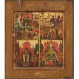 Russian School Quadrapartite icon depicting The Pokrov; The Procession of the icon of the Mother