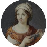 λEnglish School 18th Century Miniature of a sibyl holding a bowl Circular, in a tooled red leather