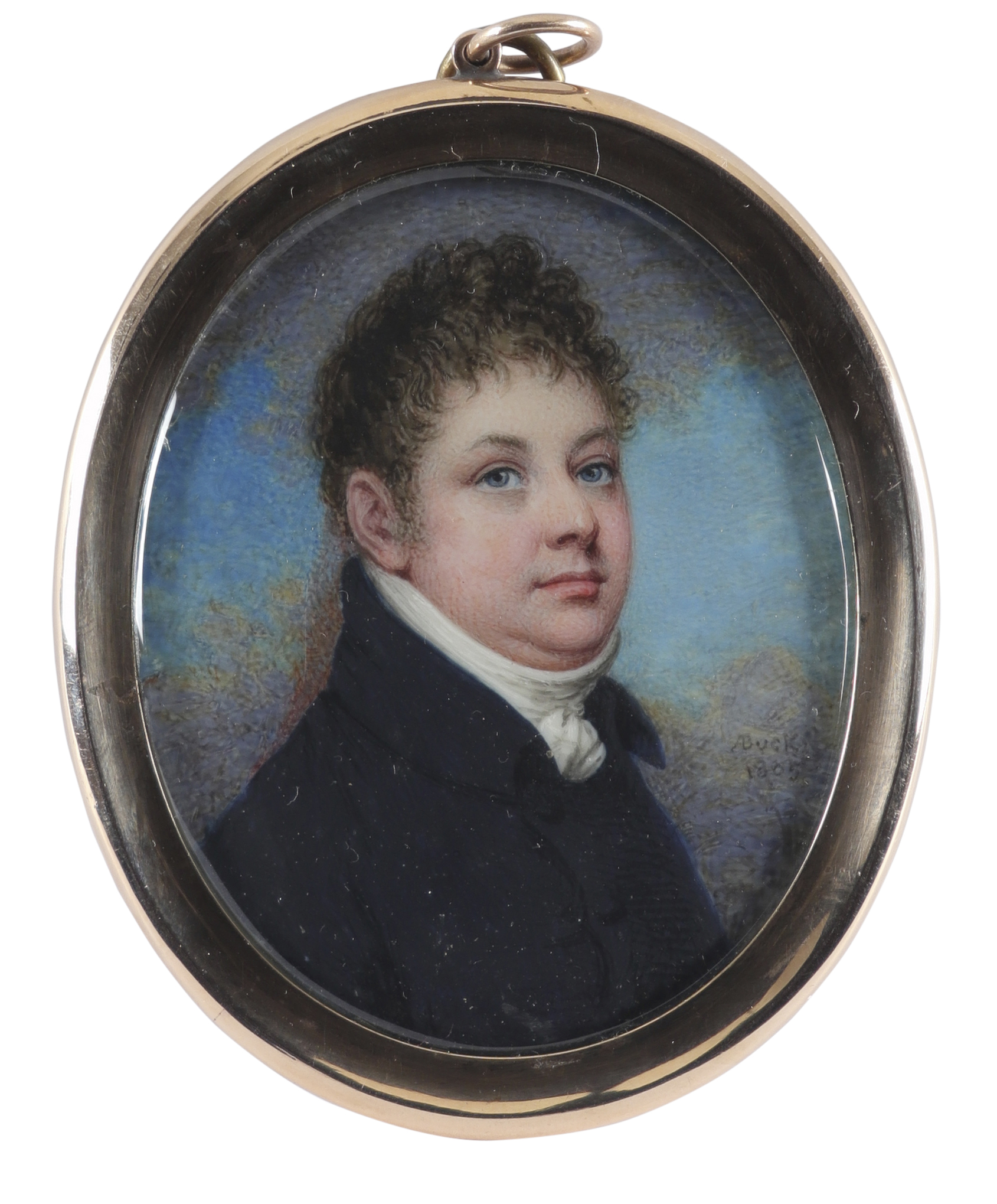 λAdam Buck (Irish 1759-1833) Portrait miniature of a gentleman in a blue coat and white stock Signed