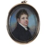 λAdam Buck (Irish 1759-1833) Portrait miniature of a gentleman in a blue coat and white stock Signed