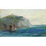 British School c. 1900 Marine landscape with a ship beneath the cliffs Oil on panel 24.3 x 36.9cm;