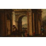 Bamboccianti School (c. 1700) A man on a donkey and other figures under classical ruins Oil on