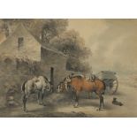 William Samuel Howitt (1765-1822) Three horses grazing near a building; Horse drawn cart being