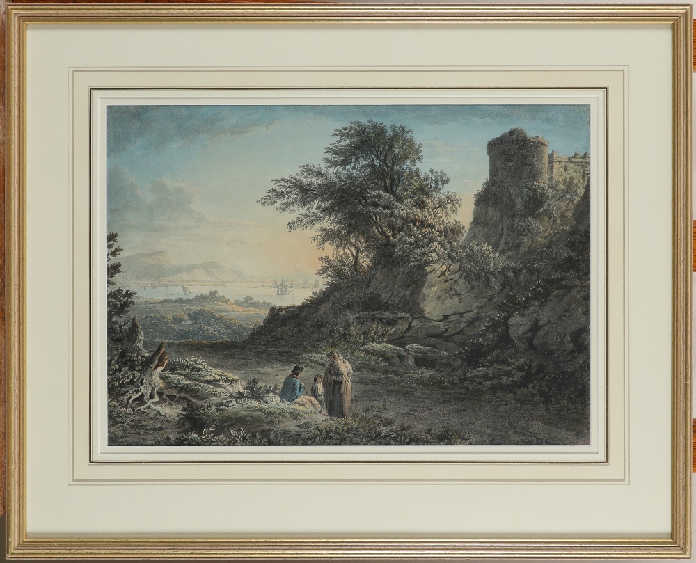 John Glover OWS (1767-1849) Landscape with travellers beneath a castle, shipping in an estuary - Image 2 of 3