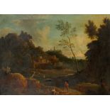 Dutch School 18th Century Italianate landscape with travellers on a path, a hilltop town in the