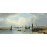 English School 19th Century Estuary scene with numerous ships anchored, a town in the distance;