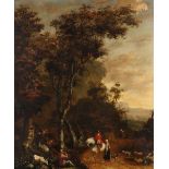 Circle of Jan Gabrielsz. Sonjι Wooded landscape with a traveller and shepherds on a path Oil on