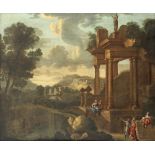 Circle of Giovanni Paolo Panini Classical landscape with figures by a temple Oil on canvas 115.5 x