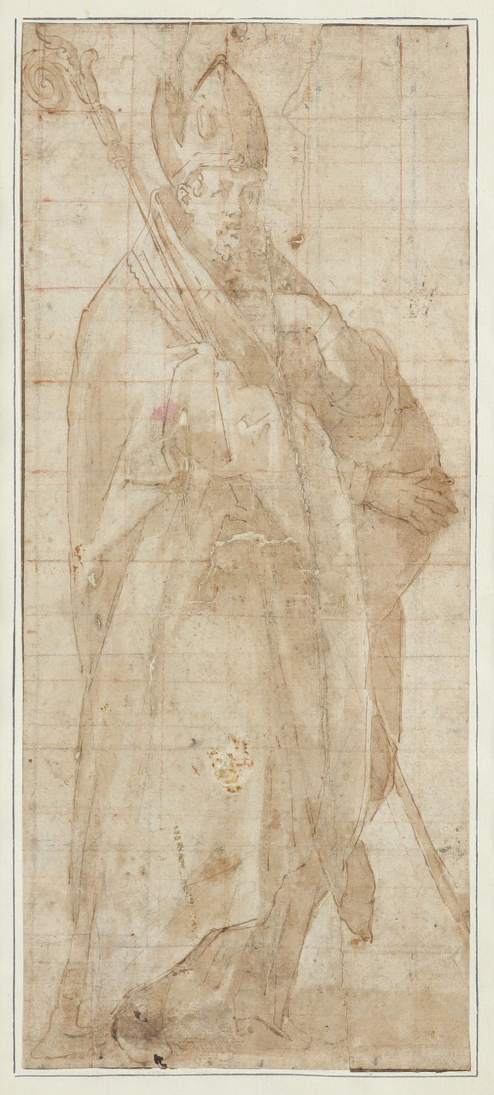 Tuscan School 16th Century Study of a bishop, full length holding a crozier Pen ink, wash and