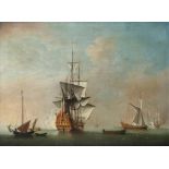 Peter Monamy (1681-1749) A Royal Man-o'-war firing a salvo, with another ship in calm water Oil on