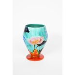 'Inspiration Lily' a rare Clarice Cliff goblet vase, painted in vivid colours on a turquoise ground,