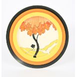 'House and Bridge' a Clarice Cliff plate, painted in colours inside yellow, orange and black