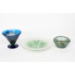 A WMF Ikora glass bowl, shallow form, radiating, crackled green glass cased in clear, a shallow