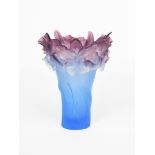 A modern Daum France vase, pierced, cylindrical form, the top rim cast with orchid flowers, purple