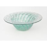 A Moncrieff's Monart Ware bowl, flaring bowl with flat rim, green stripes cased in clear with silver