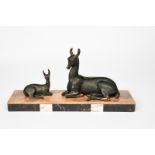 Irenee Rochard (1906-1984) Doe and Fawn a patinated spelter sculpture of two resting deer, on onyx