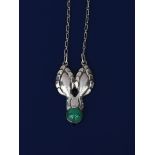 A Georg Jensen silver and chrysoprase necklace, model no.16, cast with two foliate motif and green