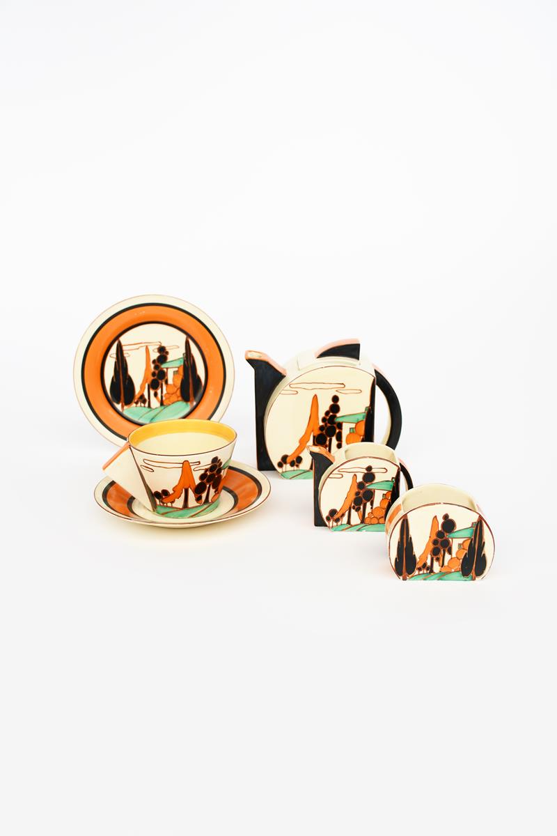 'Orange Trees and House' a Clarice Cliff Fantasque Bizarre Stamford tea set for one, comprising - Image 2 of 6