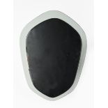 A Fontana Arte style wall mirror, shaped grey glass frame, with raised bevelled mirror, silver