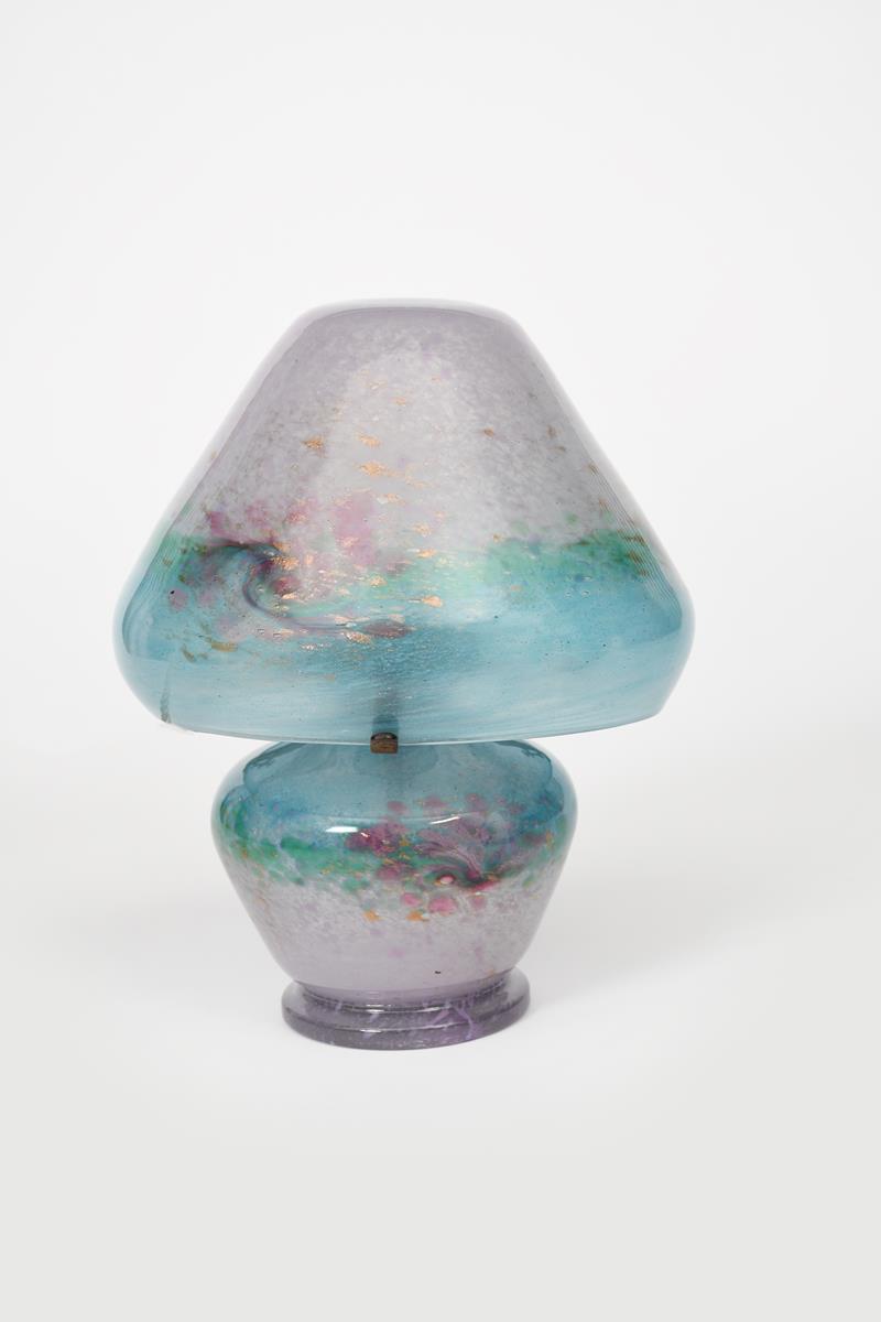 A Moncrieff's Monart Ware glass table lamp, mushroom shaped, pink glass graduating to blue rim