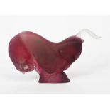 An Alfred Barbini Raging Bull glass sculpture, frosted amethyst glass with opaque detailing, signed,
