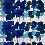 A Pansies printed curtain designed by Howard Carter for Heal's, printed with flowers in blue,