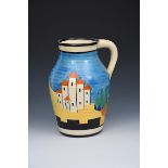 'Applique Blue Lucerne' a Clarice Cliff Bizarre single-handled Lotus jug, painted in colours between