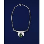 A Niels Erik silver and green chrysoprase necklace, two silver ribbons supporting green