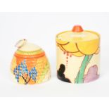 'Windbells' a Clarice Cliff Fantasque Bizarre Beehive Honey pot and cover, painted in colours, and a