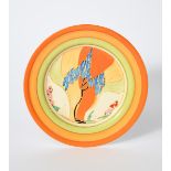 'Windbells' a Clarice Cliff Bizarre plate, painted in colours inside green and orange bands, printed