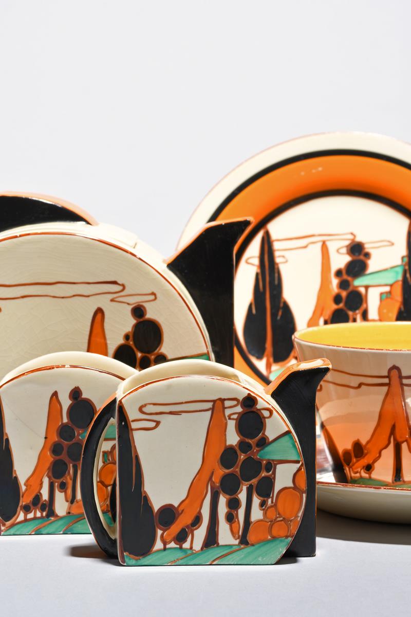 'Orange Trees and House' a Clarice Cliff Fantasque Bizarre Stamford tea set for one, comprising - Image 6 of 6