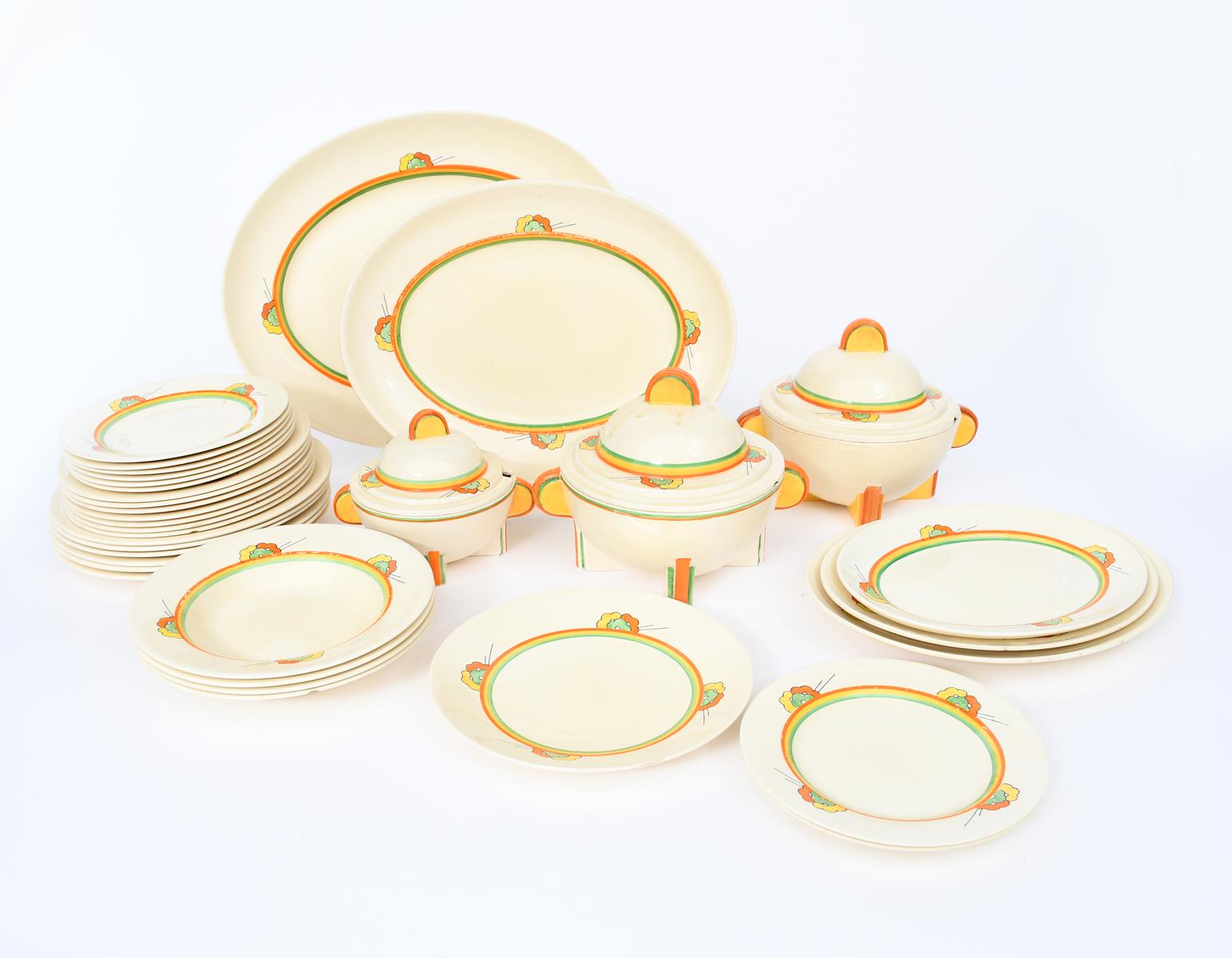 'Nemesia' a Clarice Cliff Bizarre Odilon shape dinner service, printed and painted in colours,