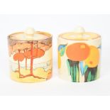 'Coral Firs' a Clarice Cliff Bizarre Cylindrical preserve pot and cover, painted in colours, and