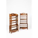 A pair of oak book shelves, three tier, rectangular form with pierced back-splat and sides, 124cm.