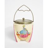 'Applique Idyll' a Clarice Cliff Bizarre biscuit box with electroplated mount and cover, painted