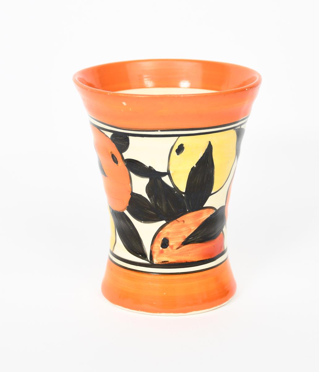 'Oranges and Lemons' a Clarice Cliff small vase, shape no.572, painted in colours inside orange