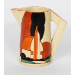 'Farmhouse' a Clarice Cliff Fantasque Bizarre Conical jug, painted in colours, printed factory