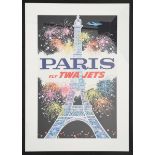 David Klein Paris Fly TWA Jets, 1962 a lithographic poster on paper, printed in the USA, depicting