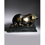 ‡ Domenico Calabrone (1928-2000) Charging Bull patinated bronze on green veined marble base,