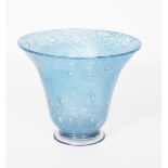 A Moncrieff's Monart Ware glass vase, footed, flaring cylindrical form, pale blue cased in clear