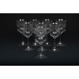 A set of eight James Powell & Sons Whitefriars glass Lotus sherry glasses designed by Harry J.